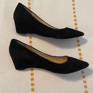 Classic Black Suede Pointed Wedge Pumps - Women's
